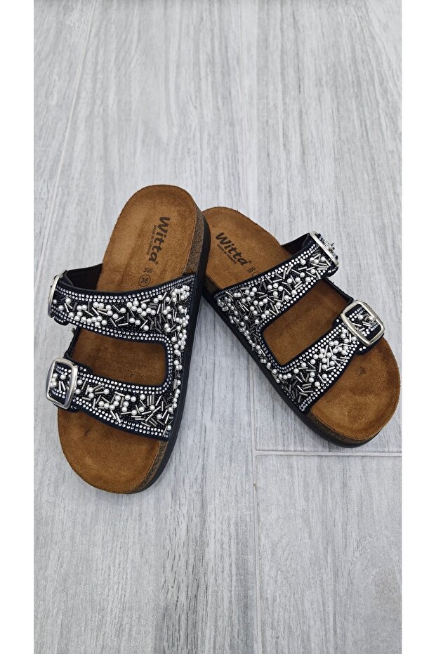 Women's Orthopedic Daily Non-Slip Sole Soft Leather Anatomical Double Tape Beaded Stone Comfortable Slippers