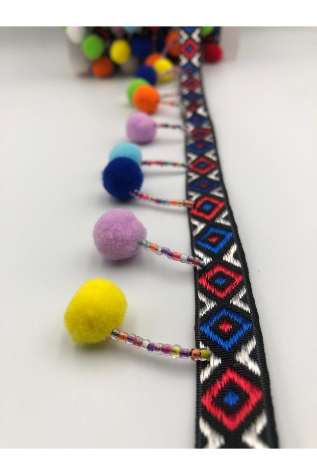 1 Mt Colorful Beaded Pompom Fringe Ribbon, 7cm, Decorative, Ornament, Ethnic Ribbon