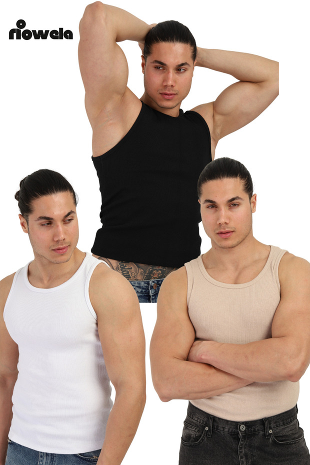 Men's Sports Singlet - Cotton Flexible Sports Cut 3 Pack Black-White-Beige