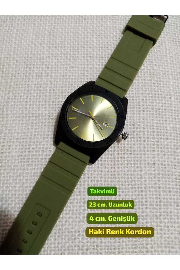 Khaki Color Silicone Strap - with Calendar - Men's Wristwatch - Steel Round (Large) Case