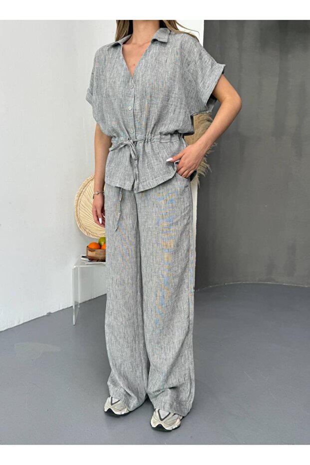 Buttoned Shirt and Linen Look Trousers Set