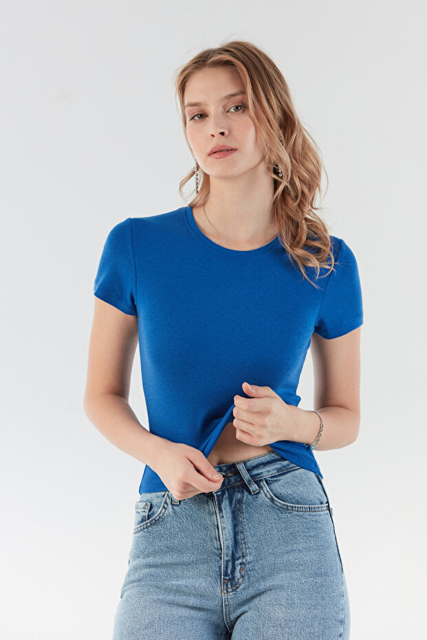 Basic Bisiklet Yaka Crop Tişört - 4