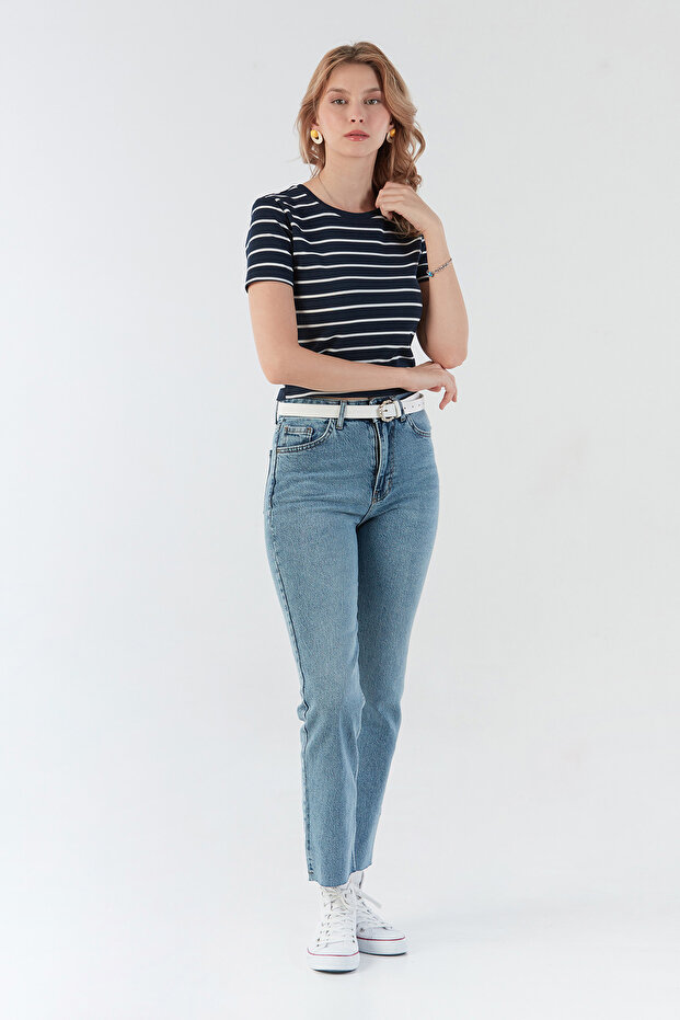 Basic Çizgili Crop Tişört - 3