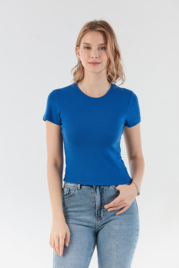 Basic Bisiklet Yaka Crop Tişört - 1