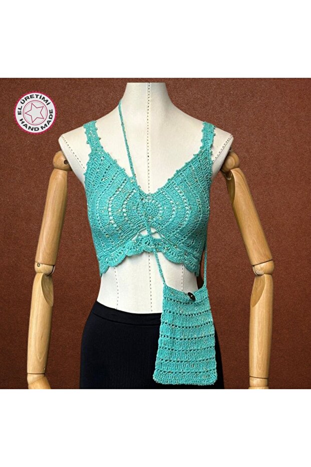 - Talia 8659 3314 Hand Knitted Sequined Cotton Thread Bag and Crop Set - XS / S