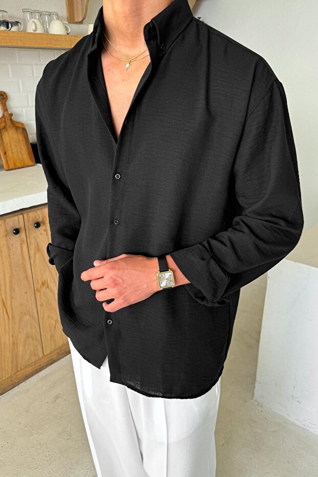 Uzun Kollu Basic Oversize Gömlek Siyah - 2