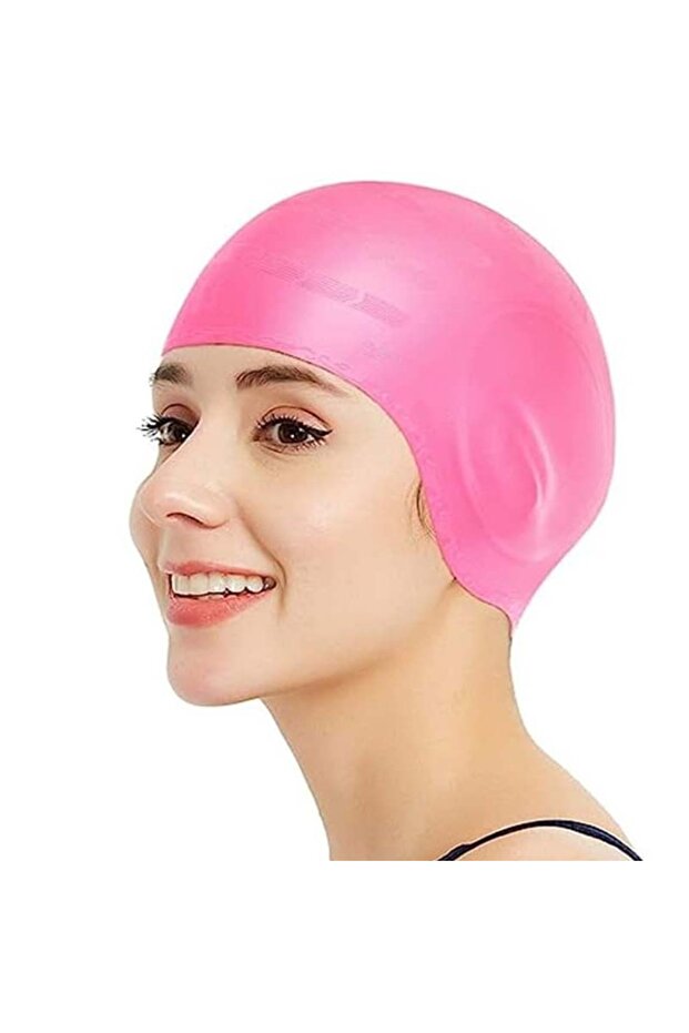 Pink DIZETION Waterproof Swimming Cap High Elasticity Ears Protection Large Silicone Diving Cap for