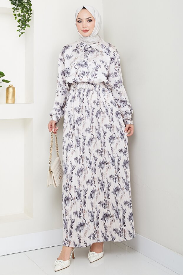 Satin Mist Pleated Anthracite Skirt Suit