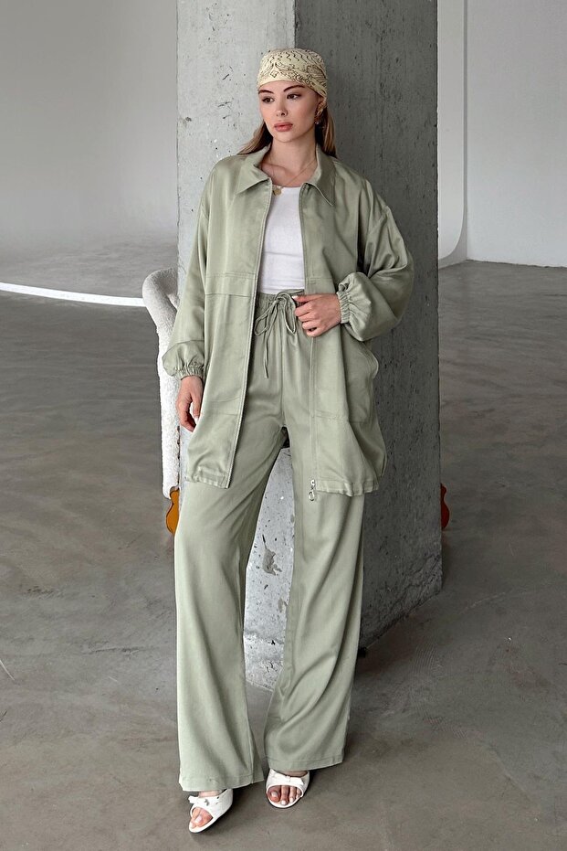 Zipper Detailed Double Liyosell Suit Light Green 9349-Tk