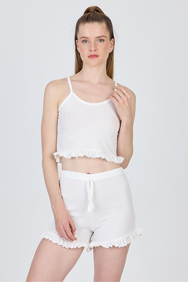 White Rope Strap Ruffle Shorts Set 0703 - 3