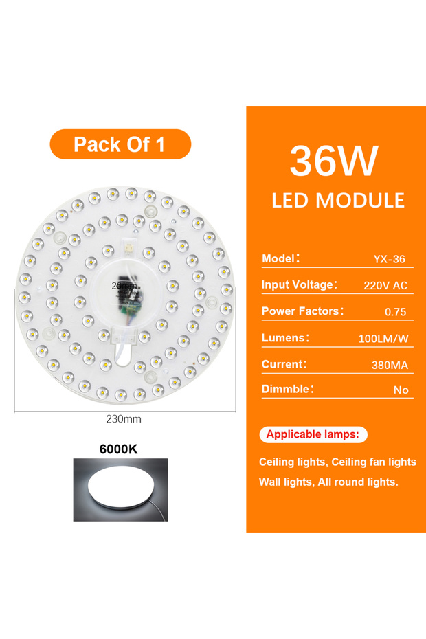 وحدة إضاءة سقف بديلة 36 وات، لوحة إضاءة LED قابلة للتعتيم 220 فولت، لوحة إضاءة LED مستديرة 72 وات، طاقة
