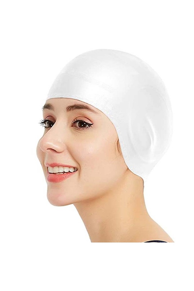 White DIZETION Waterproof Swimming Cap High Elasticity Ears Protection Large Silicone Diving Cap for