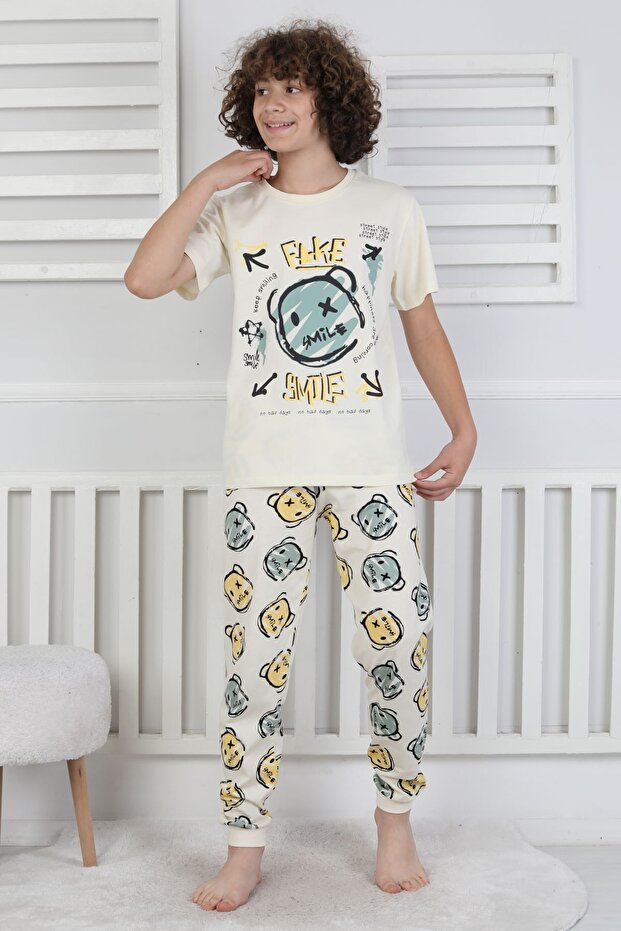 طقم بيجامة للأولاد منقوشة على شكل دب كارتوني - 2