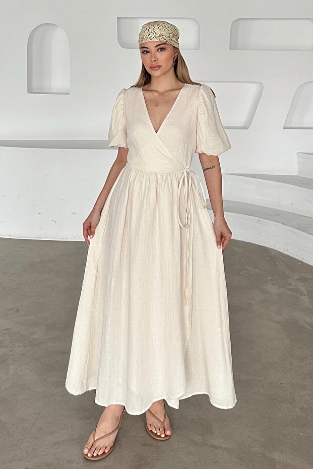 V-Neck Waist Tie Muslin Dress Beige 9354-E