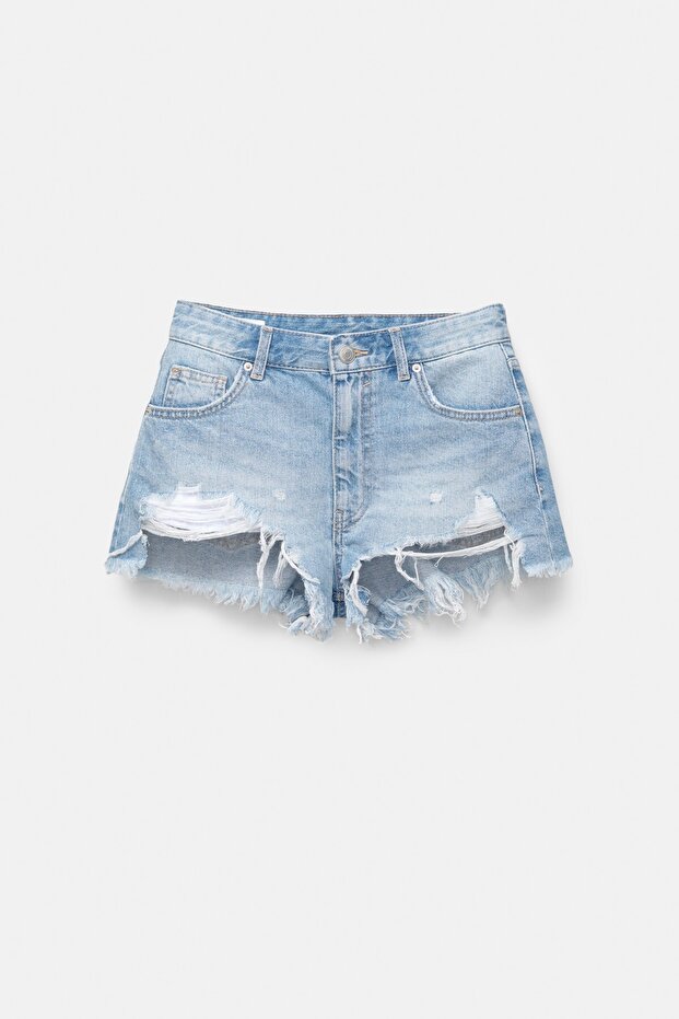 Yırtık detaylı denim şort - 7