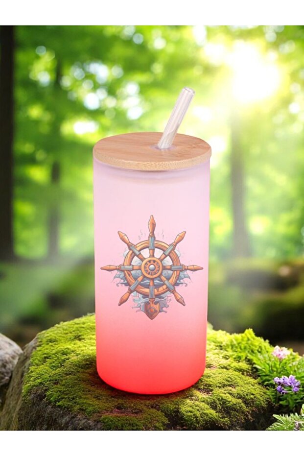 Ship Rudder Printed Glass Water Bottle with Straw 600 ml - Water Bottle Water Bottle Water Bottle