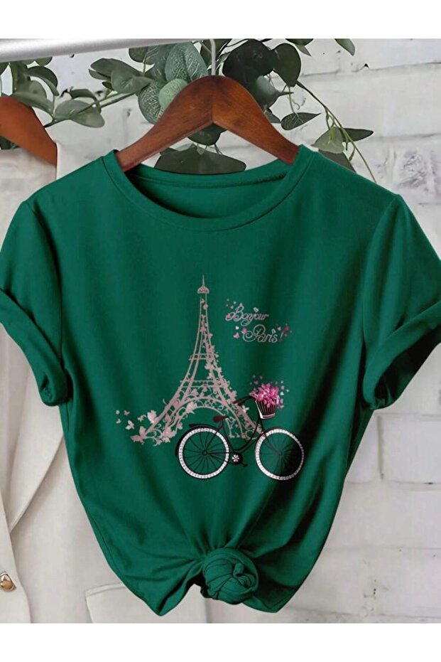 Eiffel Tower Printed Basic T-Shirt - 1
