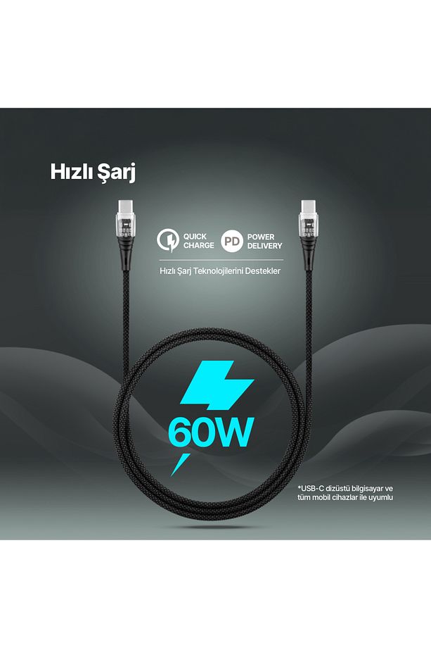 ExtremeCable Ekstra Dayanıklı Transparan USB-C –USB-C 60W PD/QC 120cm Hızlı Şarj/Data Kablosu , - 2