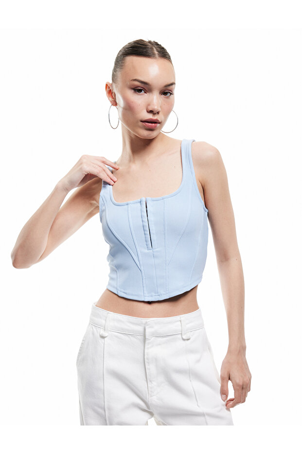 Square Neck Corset Detailed Sleeveless Slim Fit Crop Blouse