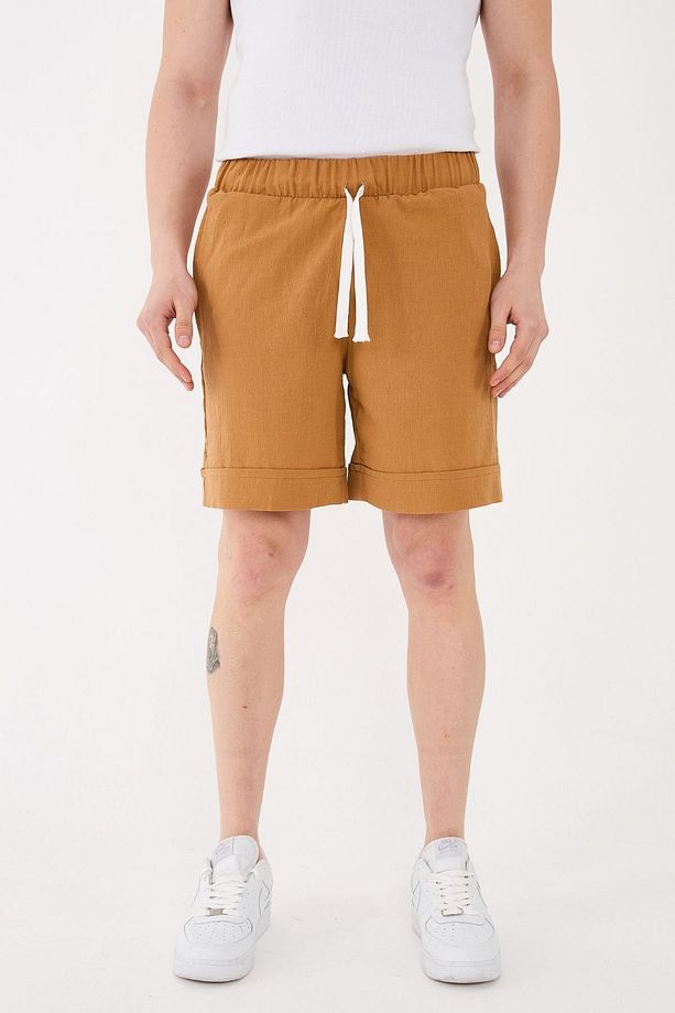 %100 Pamuk Şile Bezi Relaxed Fit Unisex Kısa Şort Camel Renk - 7