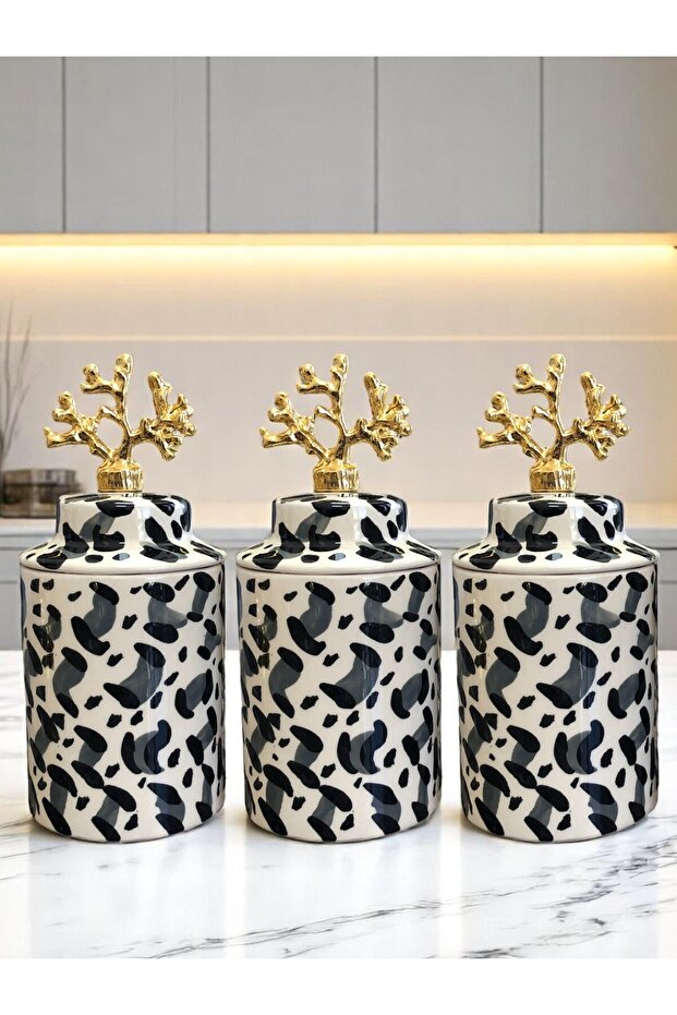 Spice Jar Cylinder Ceramic Large Size with Lid Set of 3 Coffee Corner Gray Leopard 750 ml Volume Gold - 1