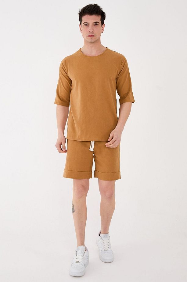 %100 Pamuk Şile Bezi Relaxed Fit Unisex Kısa Şort Camel Renk - 9