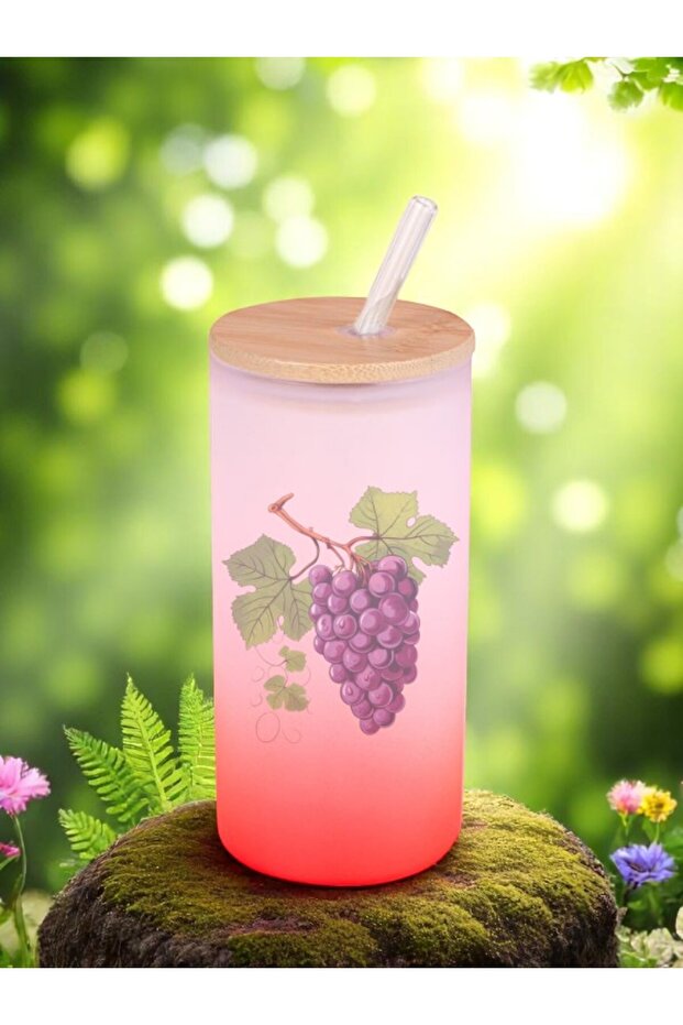 Grape Printed Glass Water Bottle with Straw 600 ml - Water Bottle Water Bottle Water Bottle
