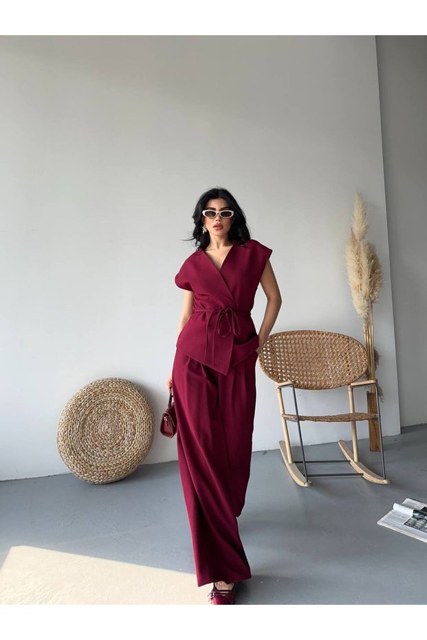 Women's Belted Vest Palazzo Pants Suit