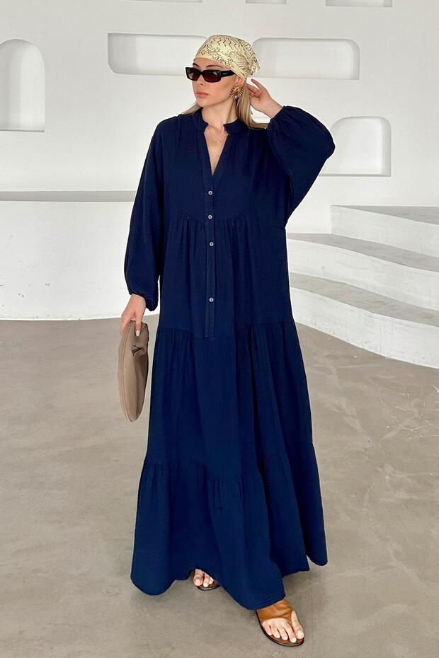 Bat Sleeve Button Detailed Muslin Casual Dress Dark Blue 9330-E