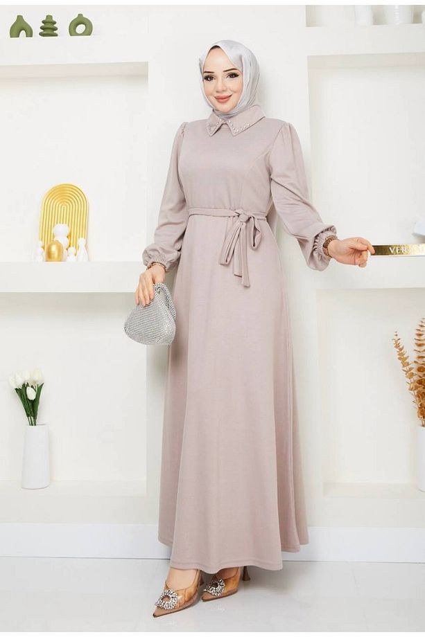 Yakası Taşlı Modal Kumaş Elbise - 1