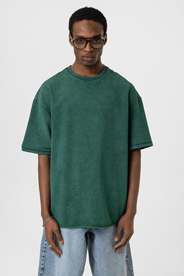 Yıkamalı Basic Oversize Tişört Nefti - 3