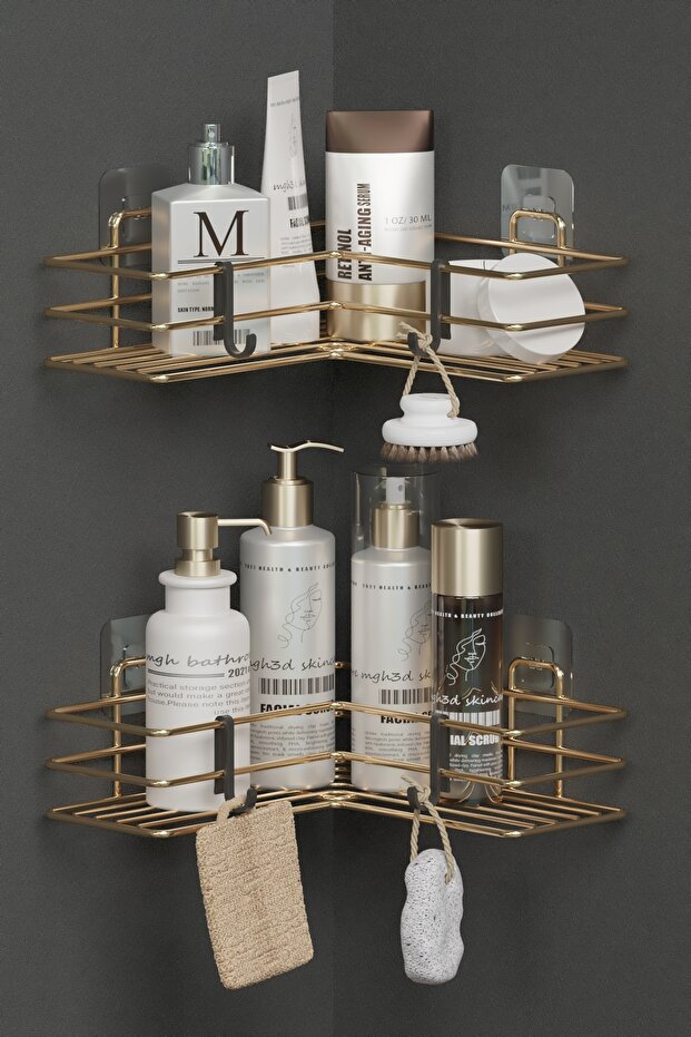 Adhesive 2 Pieces Wall Organizer Bathroom Corner Shower Shampoo Holder Corner Shelf Organizer Shelf Gold