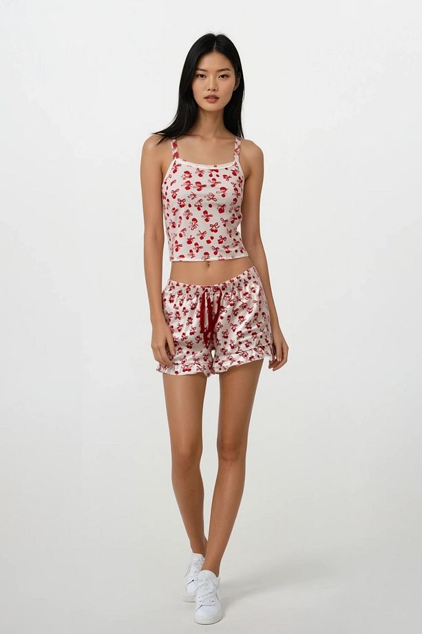 Kadın Ekru Cherry Desenli İp Askılı Üst Şort Pijama Takımı - 1