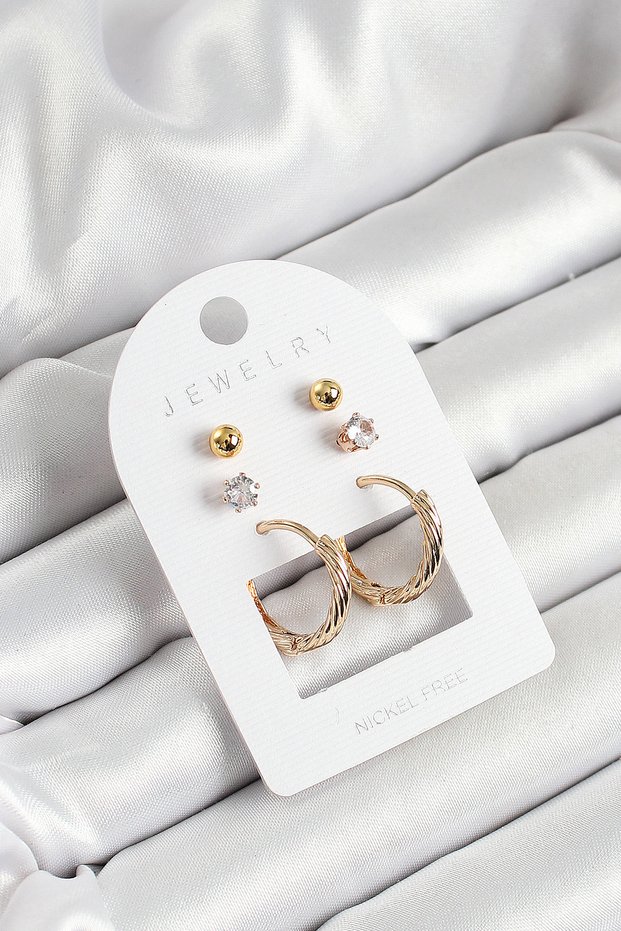 Gold Color 3-Piece Double Women's Earring Set with Brass Zircon Stone and Ring Figure