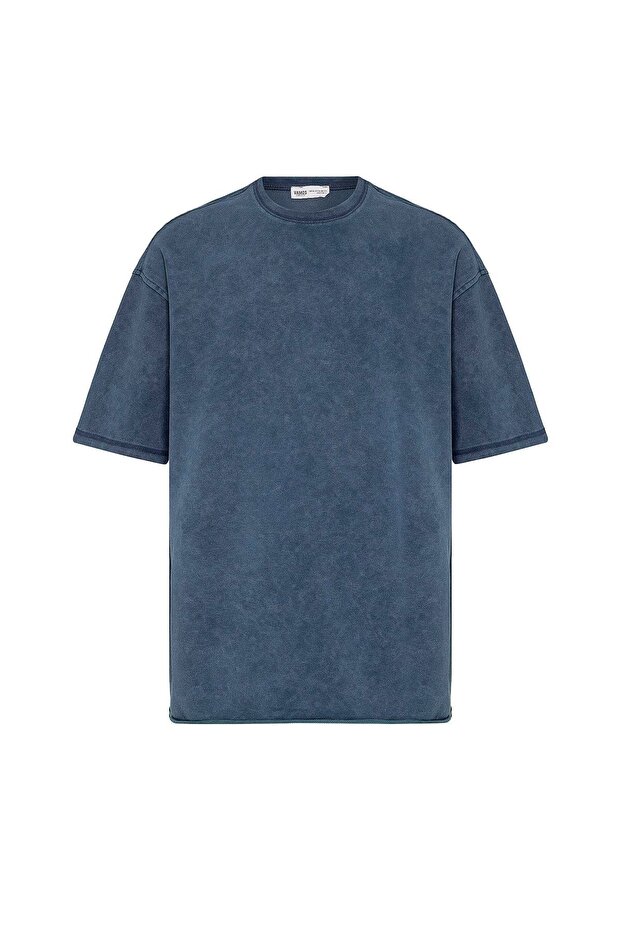 Yıkamalı Basic Oversize Tişört İndigo - 2