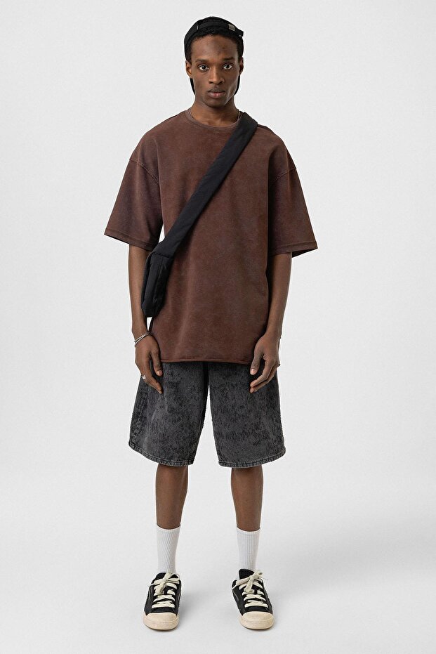 Yıkamalı Basic Oversize Tişört Kahve - 1