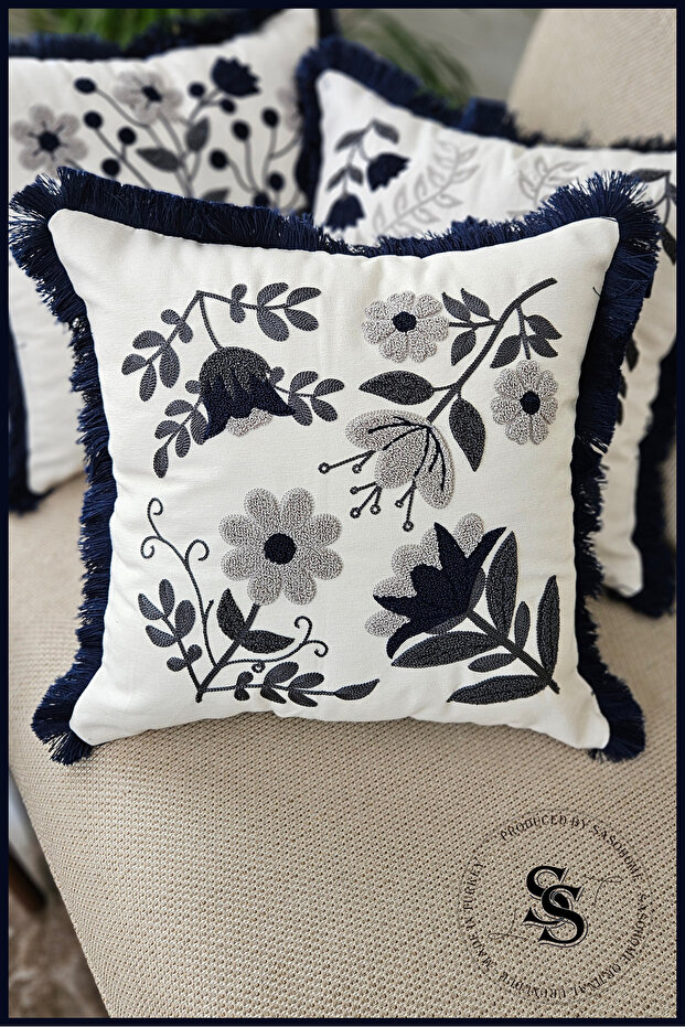 Beauty Flowers Punch Embroidered Patterned Linen Cushion Cover