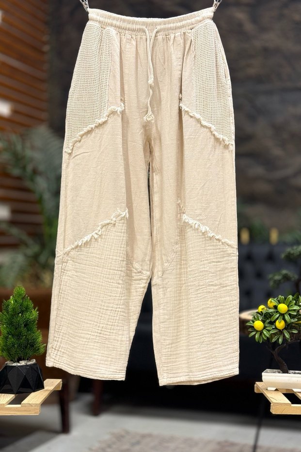 Tasseled Wide Leg Linen Trousers with Pocket Mesh Detail