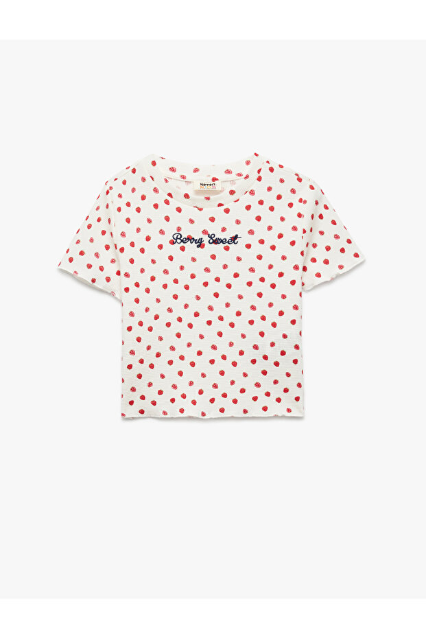 Cotton Embroidery Detailed Strawberry Printed Slim Fit Crew Neck Short Sleeve Crop T-Shirt