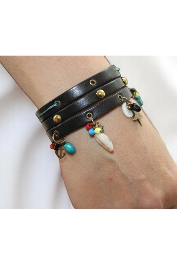Kokoş Leather Bracelet | Women's Bohemian Bracelet with Seashell and Charm Detail Clip-On Blue