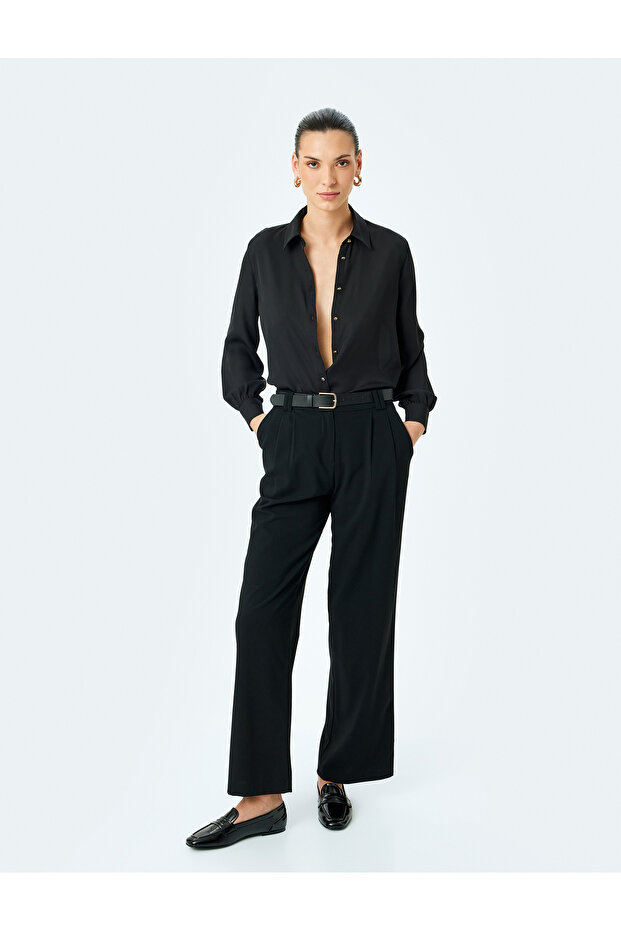 Buttoned Classic Collar Long Sleeve Crepe Shirt