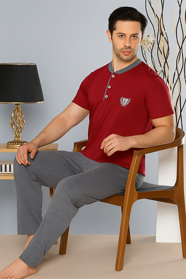 Men's Dad Short Sleeve Buttoned Burgundy Cotton Pajama Set