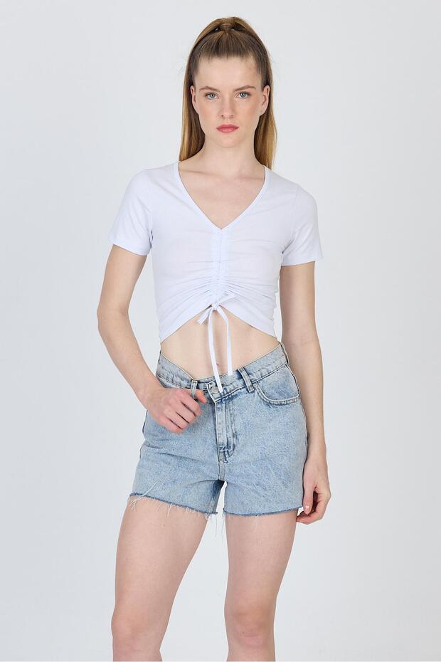 White V-Neck Gathered Crop T-Shirt 9201m