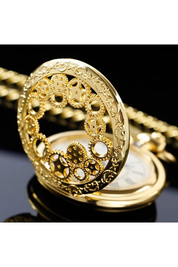 Köstekli Çarklı Işlemeli Gold Renk Cep Saati Sl12081 - 6