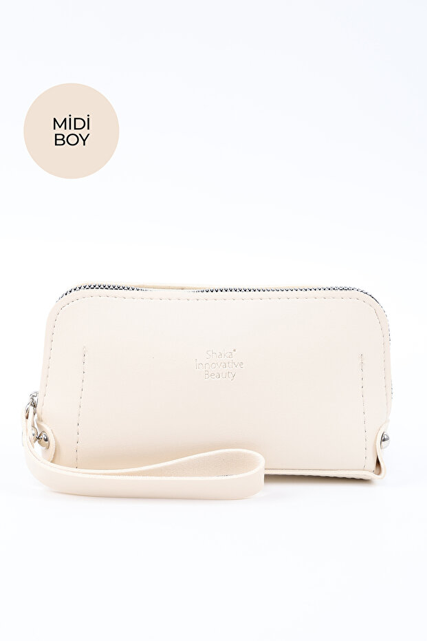 Cream Shk222 Faux Leather, Zippered, 4 Compartments, Strap Phone Wallet and Handbag