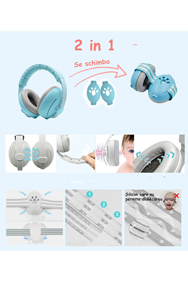 Chrániče sluchu 2 v 1 pre bábätká 3-48 mesiacov, mäkký elastický hlavový most, ochrana sluchu, zníženie hluku 25 dB, modré - 2