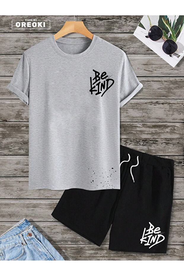 Be Kind Printed Cotton Fabric Men's Gray T-Shirt-Black Shorts Set