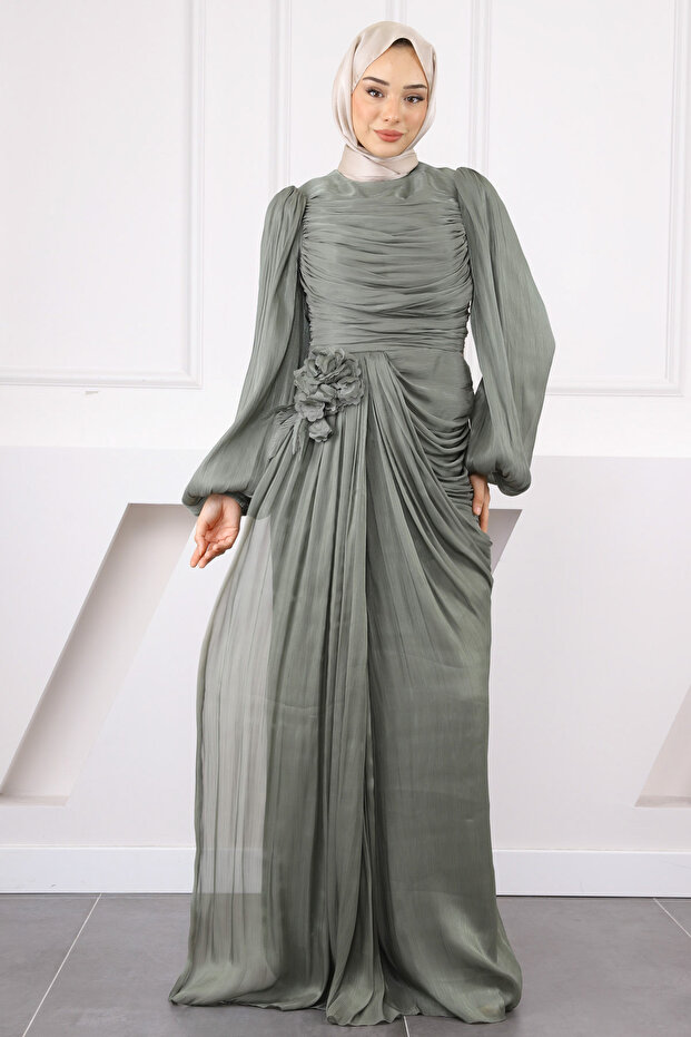 Haki Önü Drapeli Gül Detaylı Abiye - 1