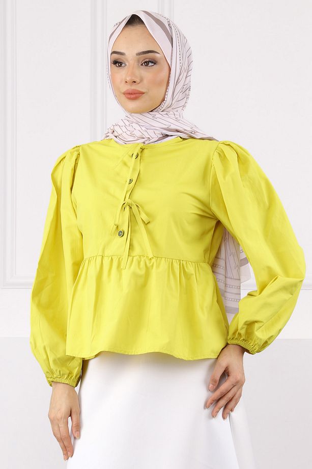 Sarı Kol Lastikli Poplin Gömlek - 4