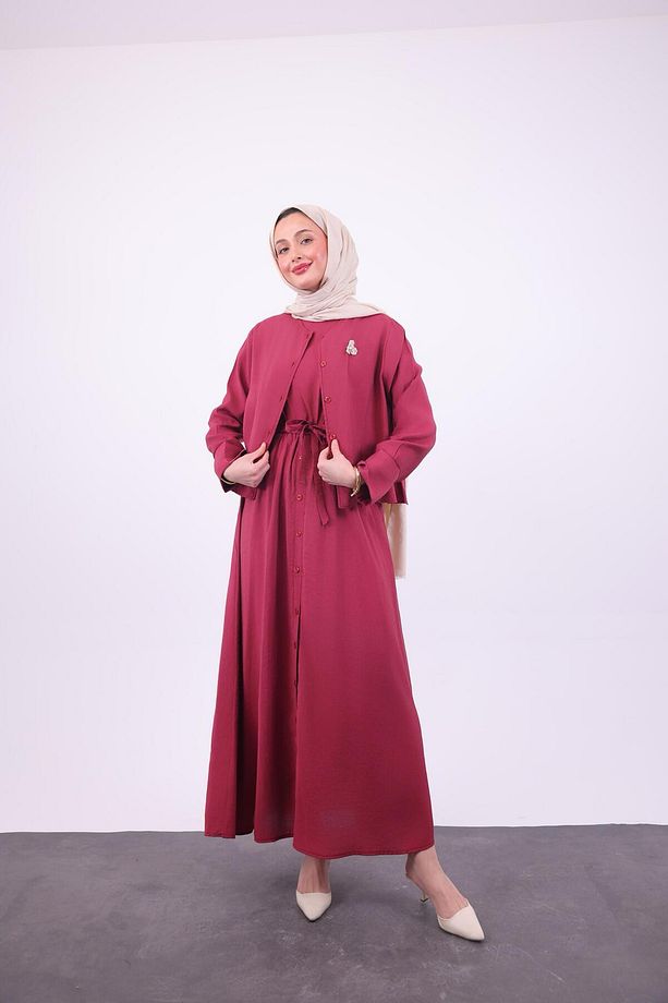 İKİLİ YELEKLİ ÇİLEK KUMAŞ ELBİSE - 2
